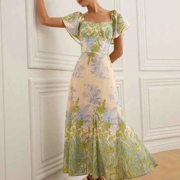 Green Elegant Women's Floral Dress - Picture 4 of 6